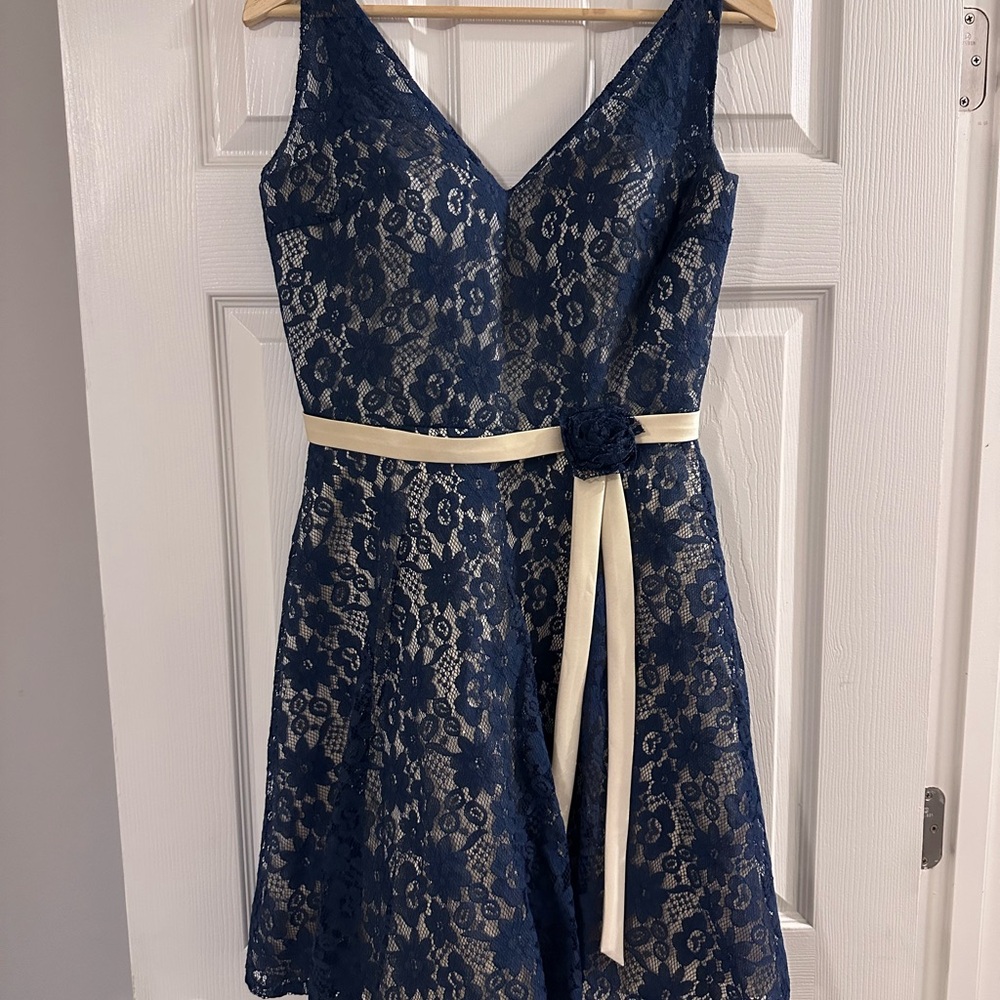 Christina Wu Navy Lace Dress with Champagne Accents